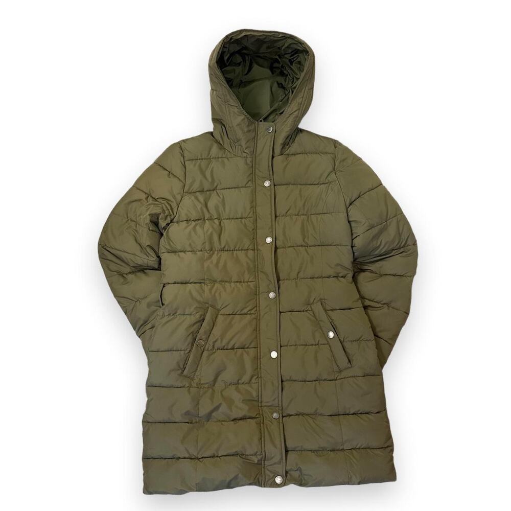 Abercrombie & Fitch Medium Olive Green Long Hooded Puffer Coat Jacket